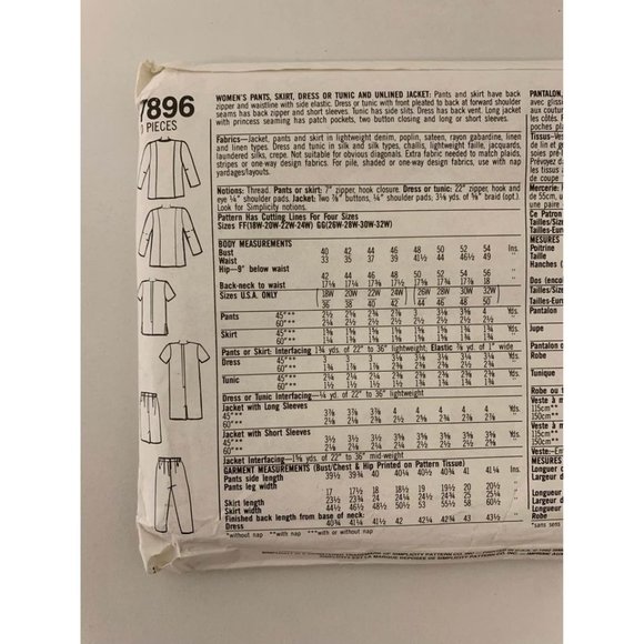 Vintage 1992 Simplicity Sewing Pattern 7896 Womens Pants Skirt Dress Tunic Jacke - Picture 3 of 6